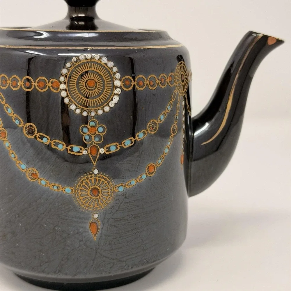 Vintage English Teapot Black Glaze Hand Painted‎ Made in England